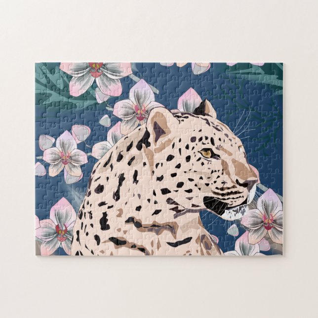 Quebra-cabeça Leopardo e Orquídea Rosa. (Horizontal)