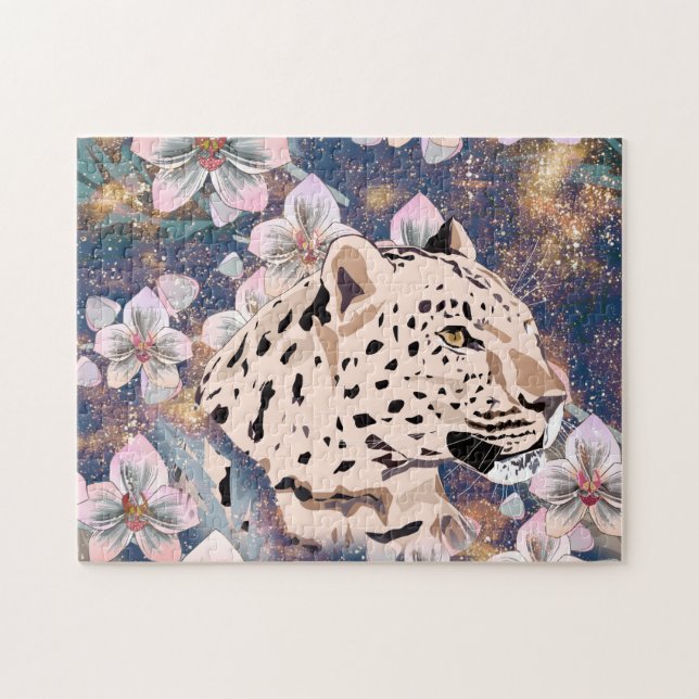 Quebra-cabeça Leopardo e Orquídea Rosa. (Horizontal)
