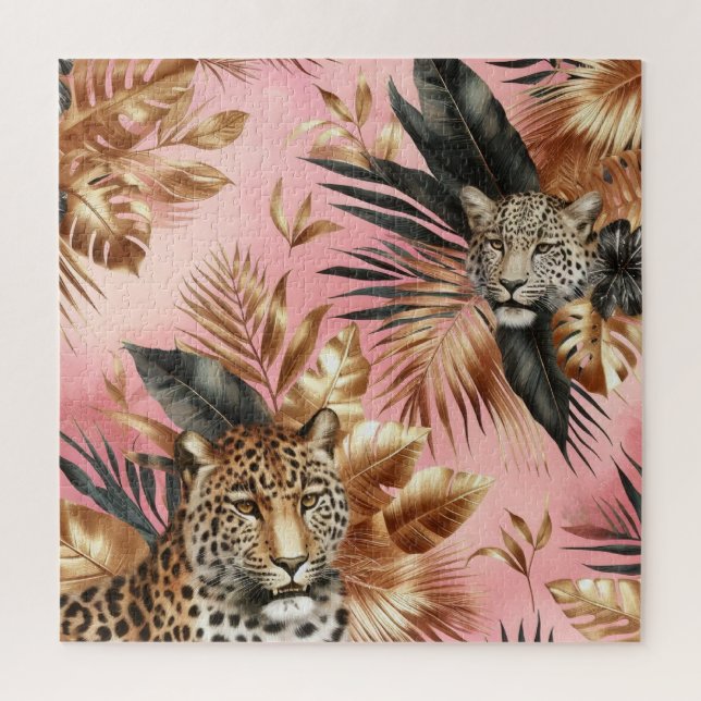 Quebra-cabeça Leopardo Preto e Dourado Fundo Rosa (Vertical)