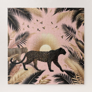 Quebra-cabeça Leopardo Preto e Dourado Fundo Rosa