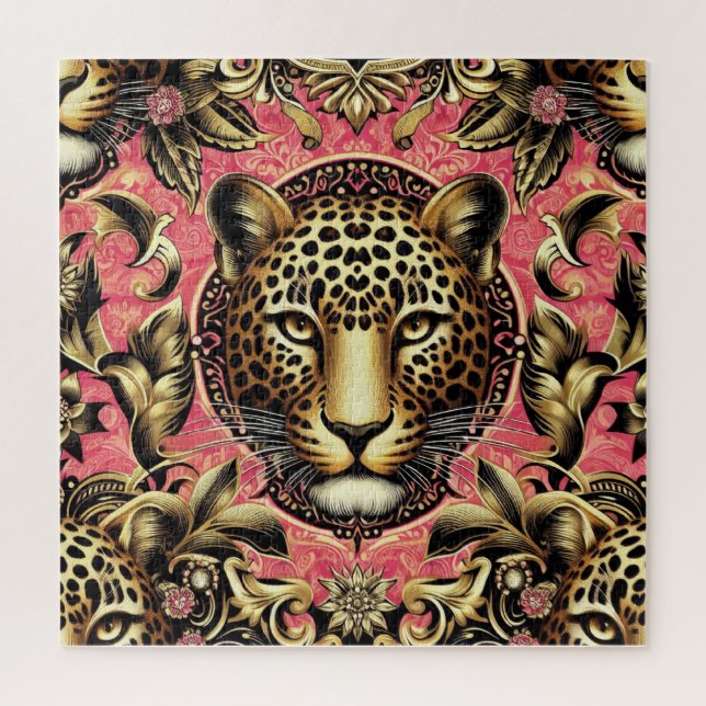 Quebra-cabeça Leopardo Preto e Dourado Fundo Rosa (Vertical)