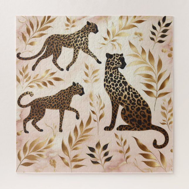 Quebra-cabeça Leopardo Preto e Dourado Fundo Rosa (Vertical)