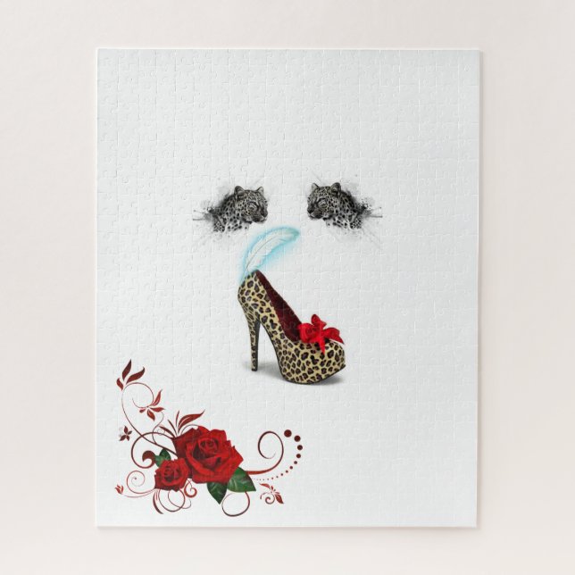 Quebra-cabeça Leopardo-Rosa Floral (Vertical)