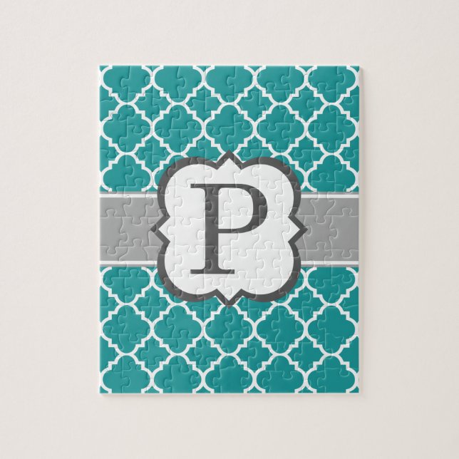 Quebra-cabeça Letra Azul Teal Monograma P Quatrefoil (Vertical)