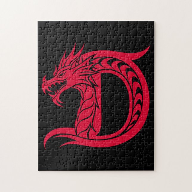 Quebra-cabeça Letra D Estilizada com Dragão, Alfabeto de Dragão, (Vertical)