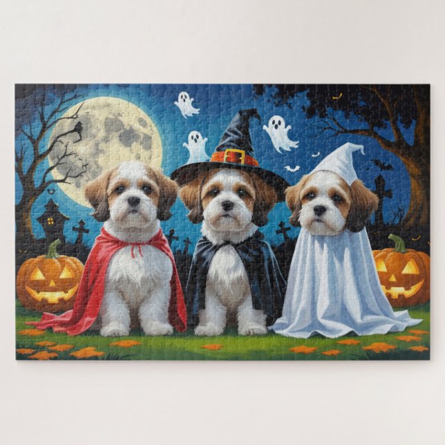 Quebra-cabeça Lhasa Apso Cachorros Pumpkin Halloween Engraçado (Horizontal)
