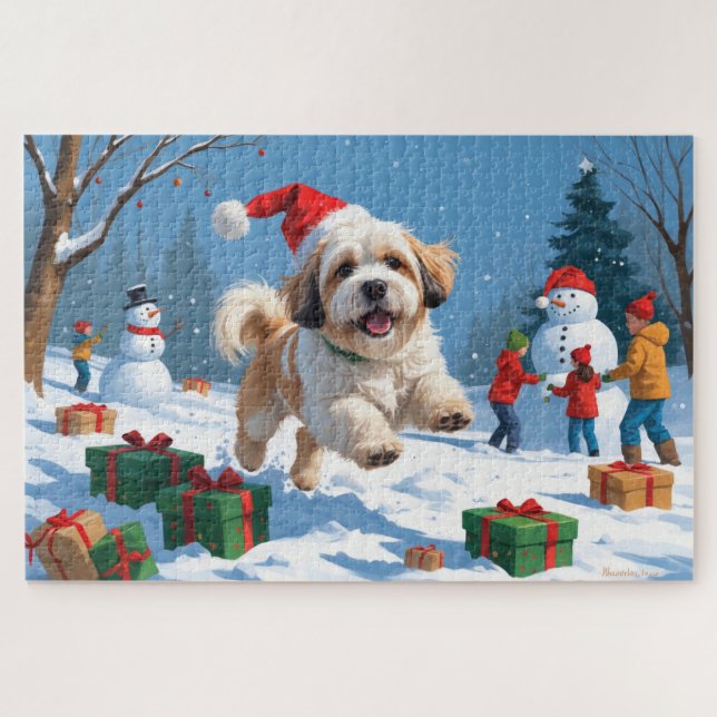 Quebra-cabeça Lhasa Apso Correndo na Neve com Chapéu de Natal (Horizontal)