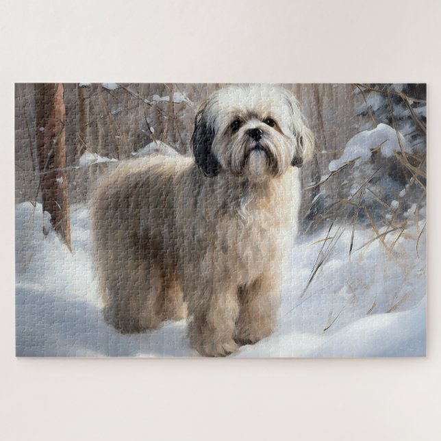 Quebra-cabeça Lhasa Apso Deixe Nevar Natal (Horizontal)
