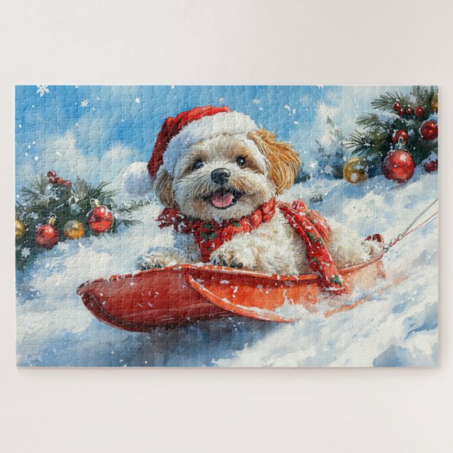 Quebra-cabeça Lhasa Apso Dog em Sledge Deixe-o nevar no Natal (Horizontal)