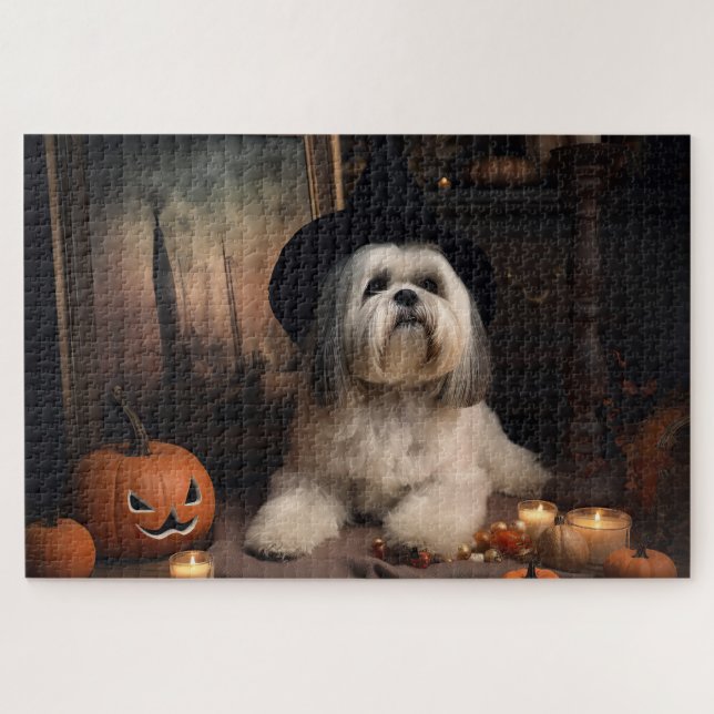 Quebra-cabeça Lhasa Apso Pumpkins Halloween Scary (Horizontal)