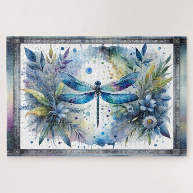 Quebra-cabeça Libélula Azul Aquarela Botânica (Horizontal)