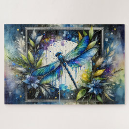 Quebra-cabeça Libélula Azul Botânica Aquarela