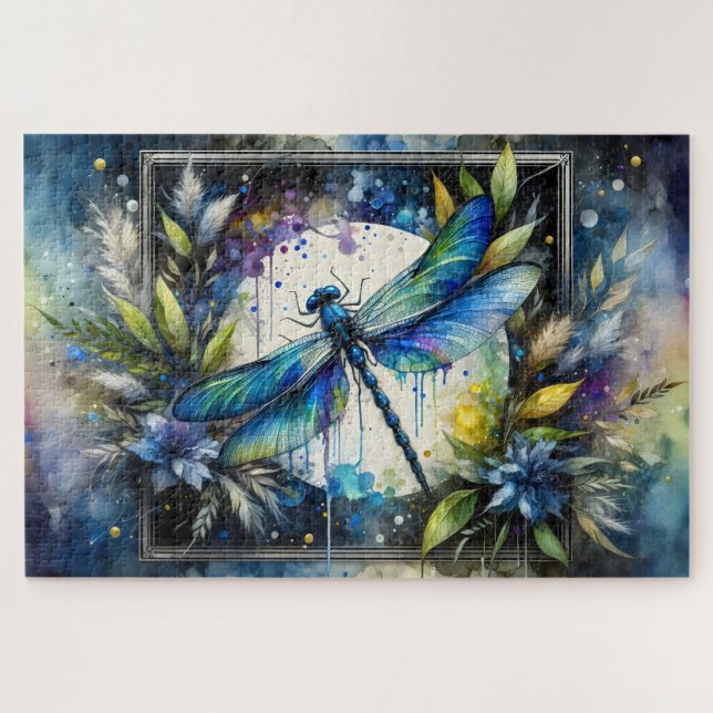 Quebra-cabeça Libélula Azul Botânica Aquarela (Horizontal)
