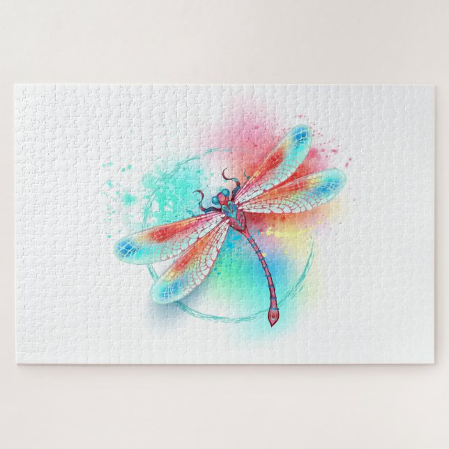 Quebra-cabeça libélula vermelha sobre fundo de aquarela (Horizontal)