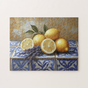 Quebra-cabeça Limões e Lavanda Azulejo azul, vida estática