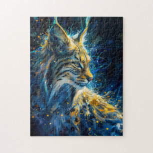 Quebra-cabeça lince-gato banhado em luz neon azul amarelada