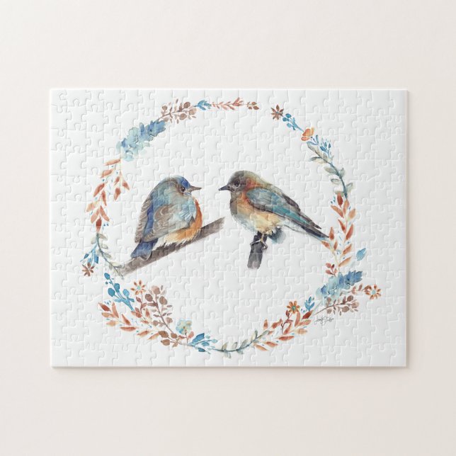 Quebra-cabeça Linda Arte do Casal Bluebird (Adorable eastern bluebird couple art with floral wreath. Jenn's Emporium.)