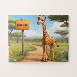 Quebra-cabeça Linda e feliz girafa em savana com nome