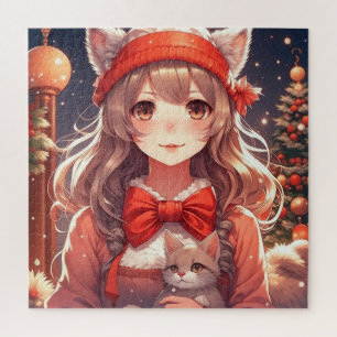 Quebra-cabeça Linda Garota de Anime Segurando Gatinho Natal