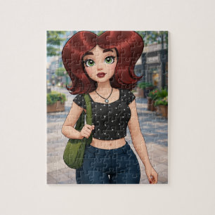 Quebra-cabeça Linda garota de desenho 3D passeando por uma rua d
