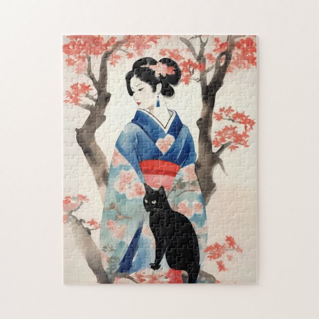 Quebra-cabeça Linda garota japonesa com um gato preto (Vertical)