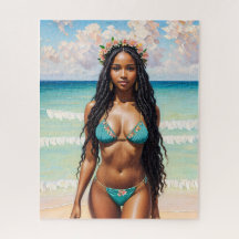 Linda Menina Negra Em Arte Teal Bikini