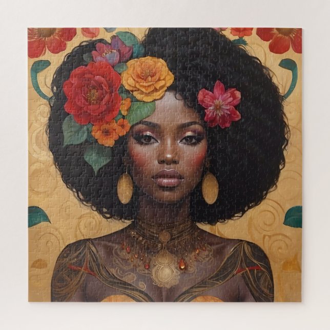 Quebra-cabeça Linda Mulher Afro-Americana Com Flores (Vertical)
