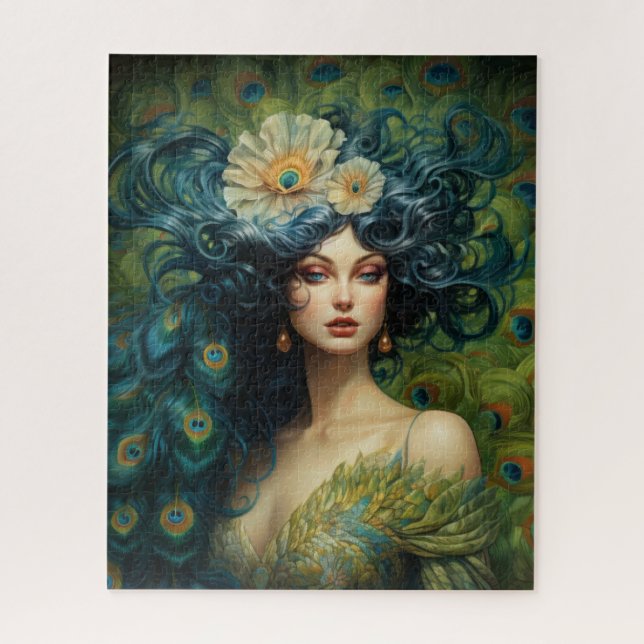 Quebra-cabeça Linda mulher cercada por Penas de Peacock (Vertical)