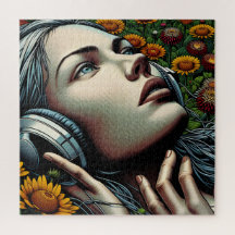 Linda mulher com Fones de ouvido em girassóis