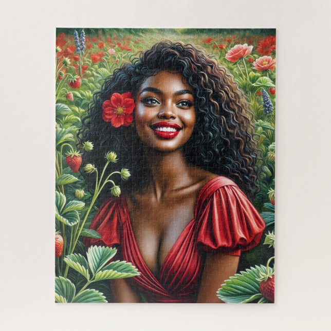 Quebra-cabeça Linda Mulher Negra Em Arte Vermelha De Morango (Vertical)