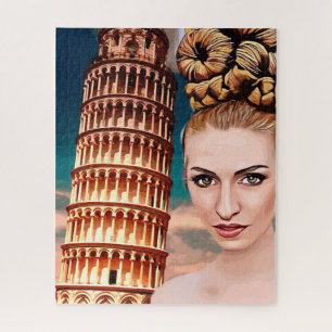 Quebra-cabeça Linda mulher que se inclina na torre de pisa abstr