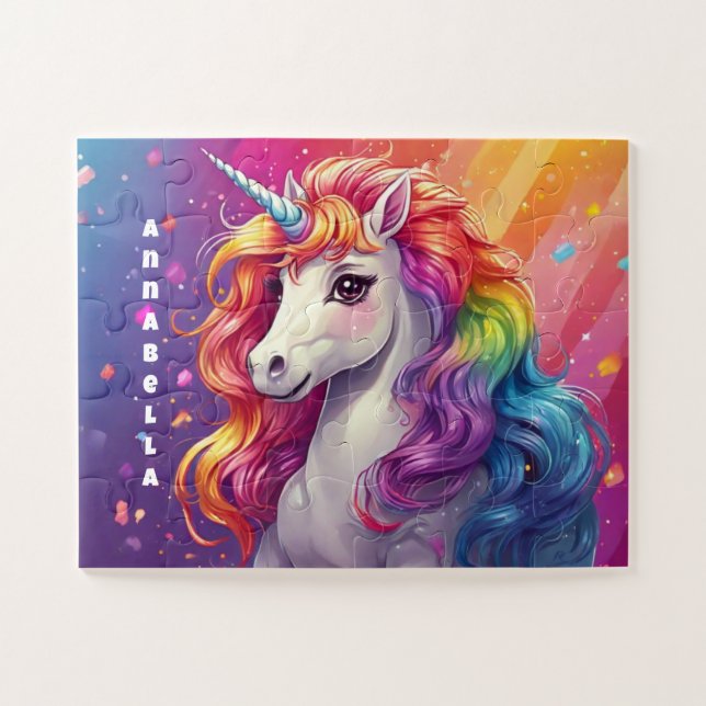 Quebra-cabeça Linda Rainbow Mane Unicorn Personalizada (Horizontal)
