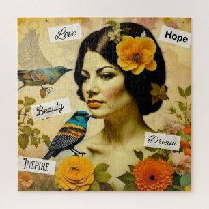 Quebra-cabeça Linda Vintage Mulher com Aves e Flores