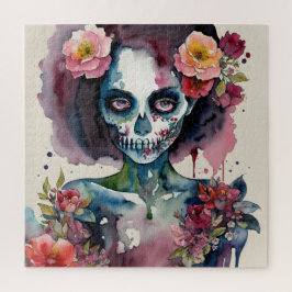 Quebra-cabeça Linda Zombie Floral Watercolor Art
