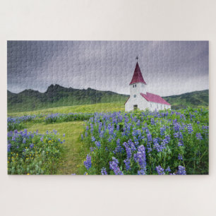 Quebra-cabeça Lindas flores Antiga Igreja Vic Viagem Islândia