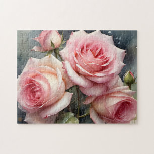 Quebra-cabeça Lindas rosas cor-de-rosa claras jardim pintura aqu