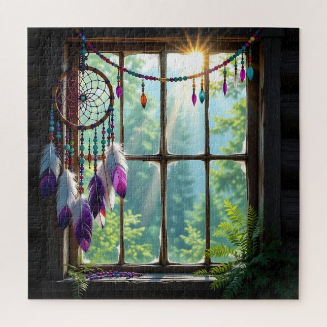 Quebra-cabeça Lindo Dreamcatcher Boho Roxo na Janela   (Vertical)