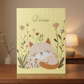 Quebra-cabeça Lindo Gatinho Dormindo Floral Nome Personalizado