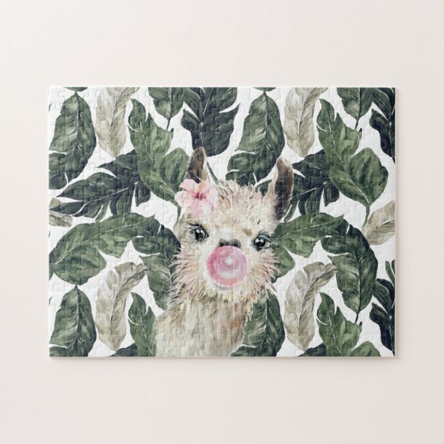 Quebra-cabeça Lindo Lhama em Aquarela | Monstera Tropical (Horizontal)