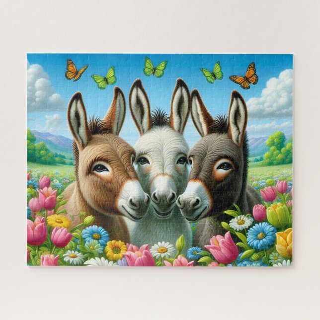 Quebra-cabeça Lindos 3 Burros Em Flores (Horizontal)