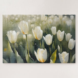 Quebra-cabeça Lindos tulipas brancas jardim pintura aquarela