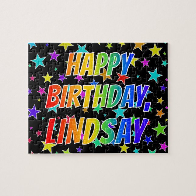 Quebra-cabeça "LINDSAY" Primeiro Nome, Divertido "FELIZ ANIVERSÁ (Horizontal)