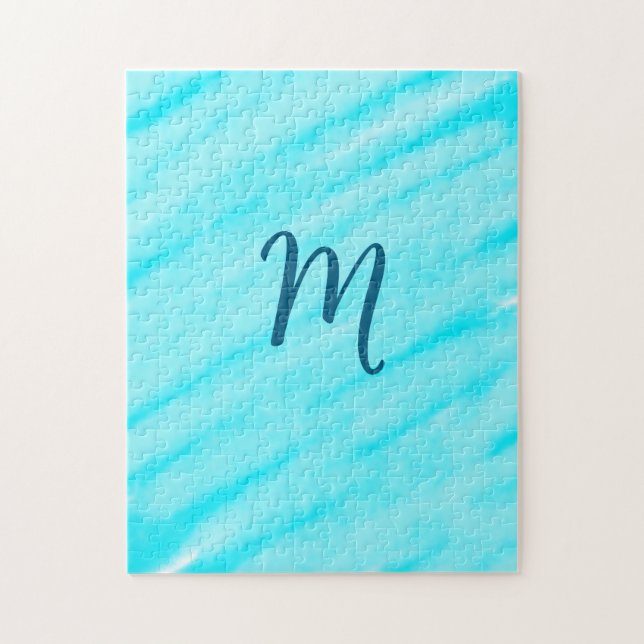 Quebra-cabeça linhas simples de aquarela azul com seu monograma (Vertical)
