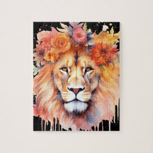 Quebra-cabeça Lion Pastel Flowers Safari Watercolor Savannah Cat