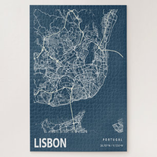 Quebra-cabeça Lisboa Portugal - Mapa da Linha Art Blue Impressão