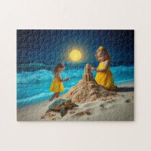 Little girls and a sea turtle building sandcastles