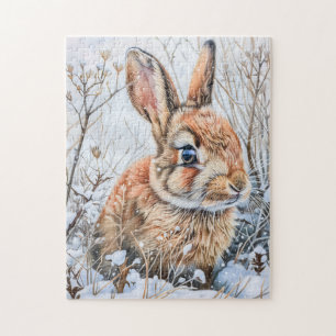 Quebra-cabeça Little Hare em Snowy Field. Rabbit Bunny