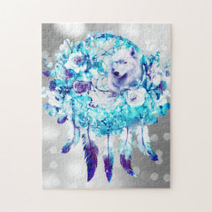 Quebra-cabeça Lobo Branco Dreamcatcher Blue Floral