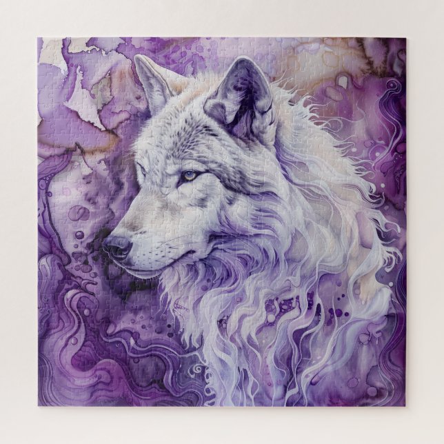 Quebra-cabeça Lobo Branco em Abstrato Roxo (Vertical)