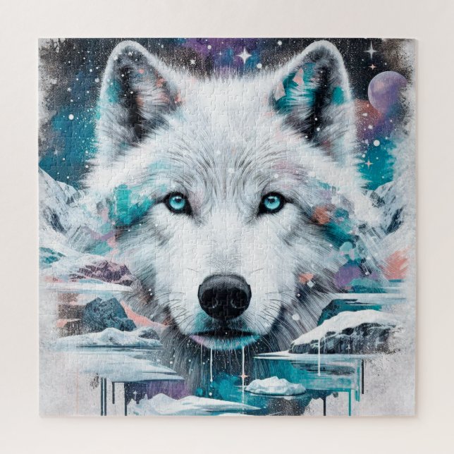 Quebra-cabeça Lobo Branco Místico na Galáxia Congelada (Vertical)